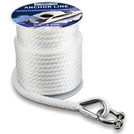 PropelTech Anchor Rope Braided Anchor Line(White, 3/8" x 100') Premium Solid Braid MFP Boat Rope with Stainless Steel Thimble & Shackle, Quality Marine Line, Boat Accessories
