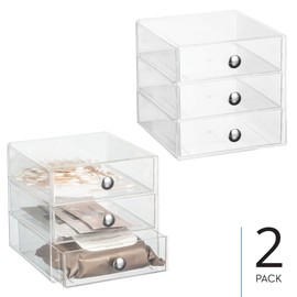iDesign Stackable 3 Makeup Organizer for Bathroom or Vanity Storage-Set of 2-Clear Drawers