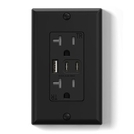 ELEGRP USB Outlets, 20 Amp Wall Outlet with 3 USB Ports, Dual USB C Ports Outlets, TR Tamper-Resistant USB Outlets Receptacles, Wall Plate Included, UL/CUL Listed, 1 Pack, Black