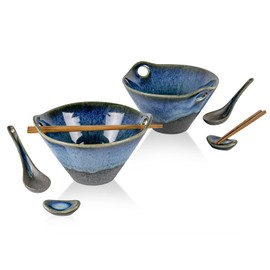 UNICASA Japanese Ramen Bowl Set with Chopsticks, Spoons and Rests, 26oz Deep Porcelain Noodle Bowl Set of 2 for Udon, Pho, Salad, Soup (Volcano Blue)