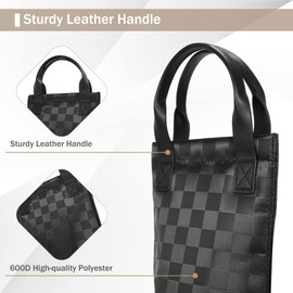Tirrinia Single Insulated Wine Bag, Portable Tote Cooler Carrier Bags for Picnic, Travel, Cocktail Party, wedding, restaurant, Great Gift for Wine Lover, Black Checked