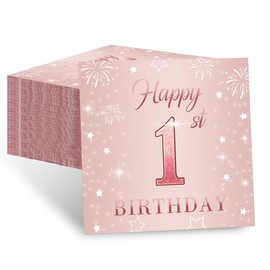 80 Stück Servietten 1. Geburtstag Mädchen - 2-Lagig Rosa Geburtstags Servietten mit Milestone 1 Design - Für Baby-Party, Tischdekoration, Taufe & Jubiläumsfeiern (33x33cm)