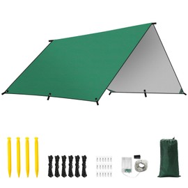 Rhino Valley Waterproof Tent Tarp, 9.8 × 9.8 Ft Large Outdoor Shelter Cover with Light Strings, Lightweight Portable Tarp Shelter Rain Tarp Camping Canopy for Hiking Traveling Backpacking, Green