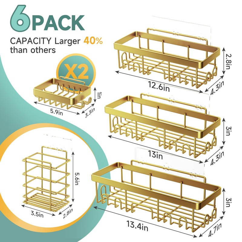 Veken Adhesive Shower Caddy 6-Pack,Gifts for Women Mom,Heavy Weight Bearing,Large