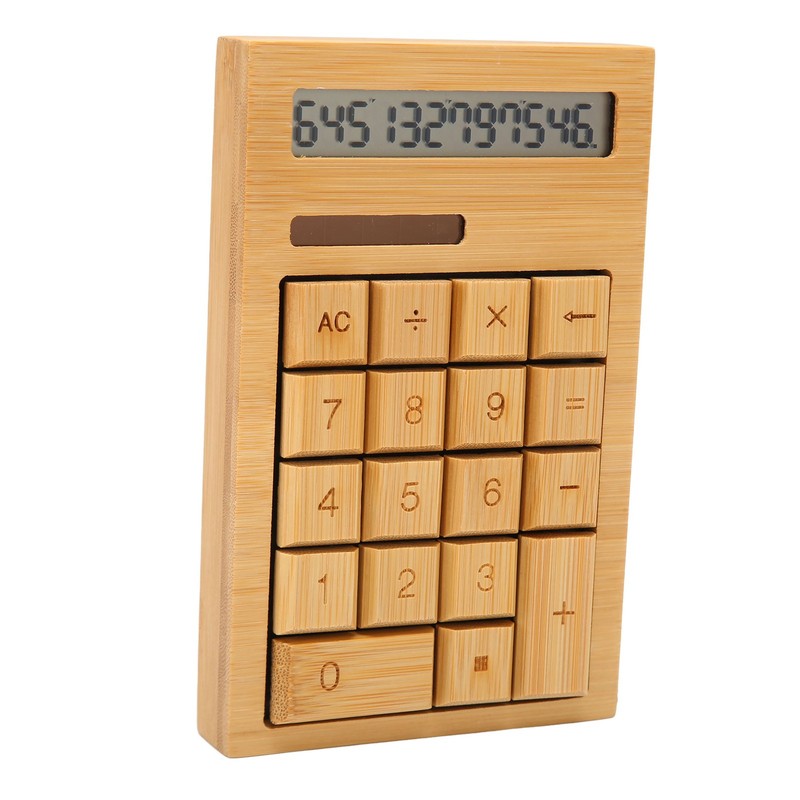 Wooden Calculator Solar Battery Powered 18 Keys Large LCD Display
