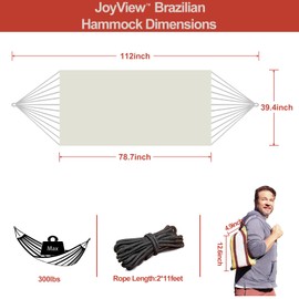 JoyView Brazilian Hammock for Single Preson Portable Hammock with Hanging Ropes & Carry Bag Large 78.8x39.4” Cotton Hammock for Patio 300LBS Capacity Perfect for Outdoor/Indoor - Natural White