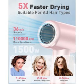 110,000RPM High-Speed Blow Dryer, 200 Million Negative Ions Hair Dryer for Women, Fast Drying & Hair Care, Low Noise Portable Design, Suitable for Home & Travel,Pink