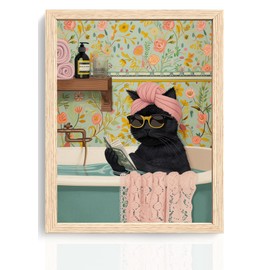 ICHZUMW Funny Black Cat Bathroom Wall Art Decor, Cute Framed Canvas Print Painting, Quirky Animal Pictures Wall Decoration, Humorous Girly Pink Artwork for Bedroom Restroom Powder Room Office, 8x10in