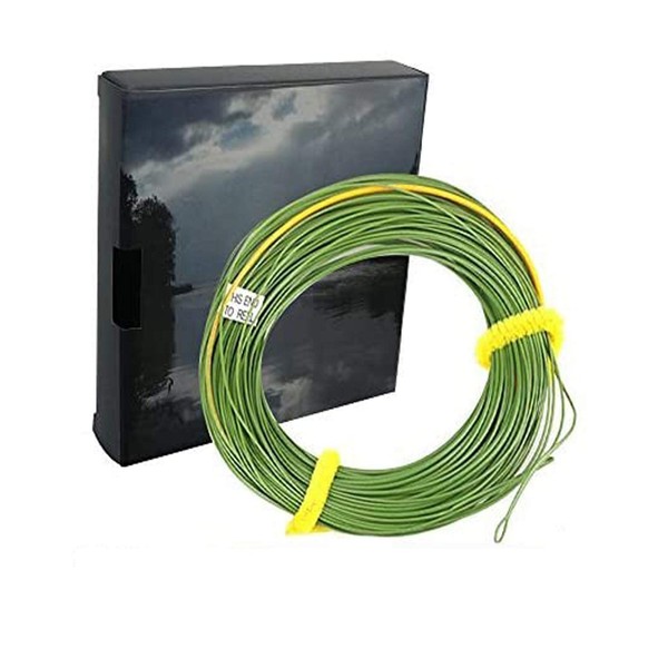 Aventik Big Flies Line I Shorter Head Out Bound Fly Lines Ultra Low Stretch Core Moss Green Color with Yellow Loading Zoom, Welded Loops, Line ID WF5, 6, 7, 8 Floating 90 ft (WF6F)