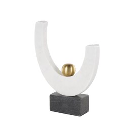 Deco 79 Marble Abstract Decorative Sculpture Curved Semicircle Home Decor Statue with Gold Orb Accent and Black Block Base, Accent Figurine 8" x 2" x 10", White