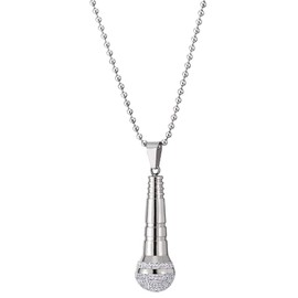 COOLSTEELANDBEYOND Mens Women Steel Microphone Pendant Necklace with Cubic Zirconia, Silver White, 30 inches Ball Chain
