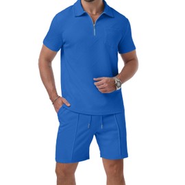 QIXING Mens Shorts and T shirt Sets Polo Colloar Mens Summer 2 Piece Holiday Clothes Co ord Shorts Set with half Zip Tracksuit (Royal Blue, L)