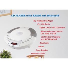 HANNLOMAX HX-330CD CD Player, FM Radio, Bluetooth, Alarm Clock, Red LED Display, USB Port for Charging and MP3 Playback, Aux-in, Remote Control Included, AC Operation only. (White)