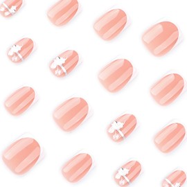 Summer Press On Nails Short Square Nude Fake Nails with White French Tips Delicately Adorned with White Flower Silver lines Fake Nails Gel Stick On Nails Set Glue on Nails for Women &Girls 24Pcs
