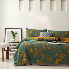 Purefair 100% Cotton Muslin Jacquard Comforter Set, Floral Ginkgo Leaves Print, Soft Lightweight Reversible 3 Piece Bedding Sets for All Season, Green Yellow, King(104"x90")
