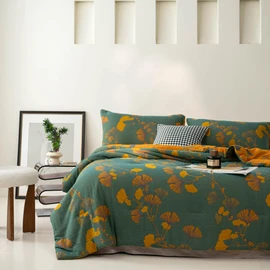 Purefair 100% Cotton Muslin Jacquard Comforter Set, Floral Ginkgo Leaves Print, Soft Lightweight Reversible 3 Piece Bedding Sets for All Season, Green Yellow, King(104"x90")