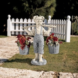 Design Toscano Flowers for Felicity Little Girl Garden Statue with Basket Planters, Medium, 25 Inches Tall, Cast Stone Resin, Two Tone Stone Finish