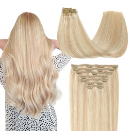 SURNEL Clip in Hair Extensions Human Hair 613 Blonde Hair Extensions Caramel Blonde with Platinum Blonde Highlighted Human Hair Extensions Silky Straight 16 Inch 140g 7Pcs(7C#27P613-16)