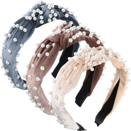 3 Diademas de Perlas de Aro Ancho de Terciopelo Tocados Torcidos Vintage para Niña Mujer (Gris, Beige, Malva Pálido)