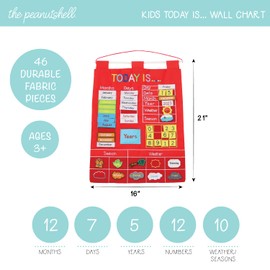 The Peanutshell Preschool Educational Wall Calendar - 53 Fabric Pieces for Months, Days, Years, Weather, & Seasons (Red)