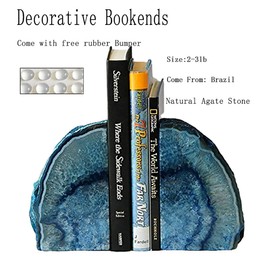JIC Gem Dyed Blue Agate Bookends 2 to 3 Lbs Polished Heavy Geode Decorative Book Ends with Rubber Bumpers for Office and Home Decoration Small Size
