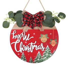 KAIRNE Merry Christmas Sign,Christmas Snowflake Wooden Sign with Bow Wreath,Red X-mas Wood Hanging Sign,Holiday Door Decoration,Snowflake Wall Decor for Front Door Porch Farmhouse Indoor Outdoor Decor