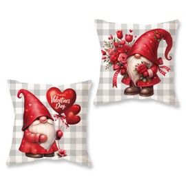 HOMFREEST Valentines Throw Pillow Covers 18x18 Set of 2 Gnomes Buffalo Plaid Red Heart Flowers Throw Pillows Farmhouse Buffalo Plaid Romantic Patio Cushion Case for Sofa Couch Home