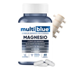 Triple Magnesio con 60 Cápsulas de 700mg | Combinacion de Citrato de Magnesio, Gluconato y Glicinato de Magnesio | Magnesio Glicinato con Espirulina y Vitamina D3 | 100% Natural, Sin Gluten | MULTIBLUE