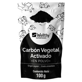 Wellthy Superfoods Carbn Activado en Polvo 100g. Orgigen 100 Vegetal, Grado Alimenticio, Hecho en Planta Certificada internacionalmente, 20 Porciones 
