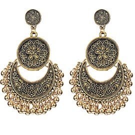 Antique ethnic brocade Mexican gypsy style engraved lotus hook dangling earrings for women, Zinc, No Gemstone
