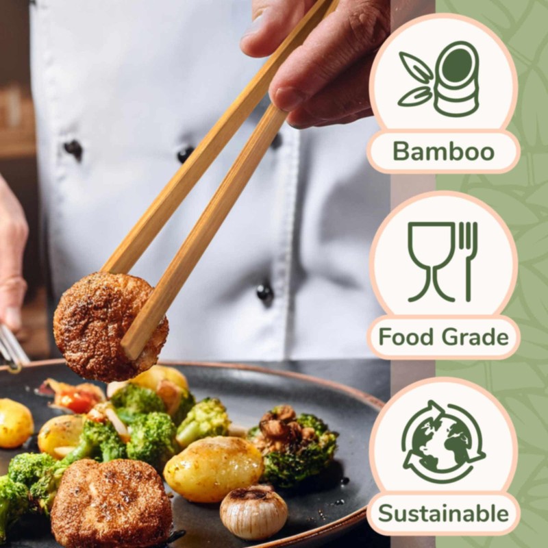 BambooMN 12" Reusable Bamboo Kitchen Toast Tongs - Carbonized Brown