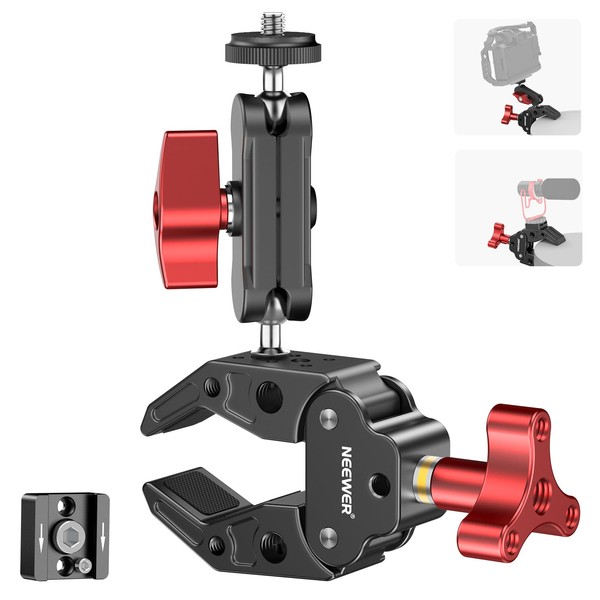 NEEWER Super Clamp with Stainless Steel Double Ball Head Magic Arm Cold Shoe 1/4 Inch 3/8 Inch Thread for Action Camera Clamp Mount Compatible with SmallRig Accessories GoPro Hero 12, Load 2.2 kg,