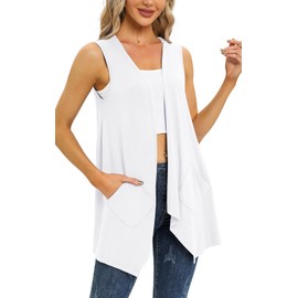 Wiwclo Trendy Sleeveless Cardigans for Women Lightweight Vest with Pockets Casual Soft Knit Open Front Cardigan High Low Hem, A02-white-sleeveless, S