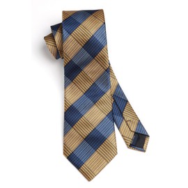 HISDERN Brown Blue Ties for Men Wedding Khaki Navy Plaid Tie Pocket Square Set Tan Gingham Check Silk Neckties Handkerchief Formal Business Necktie