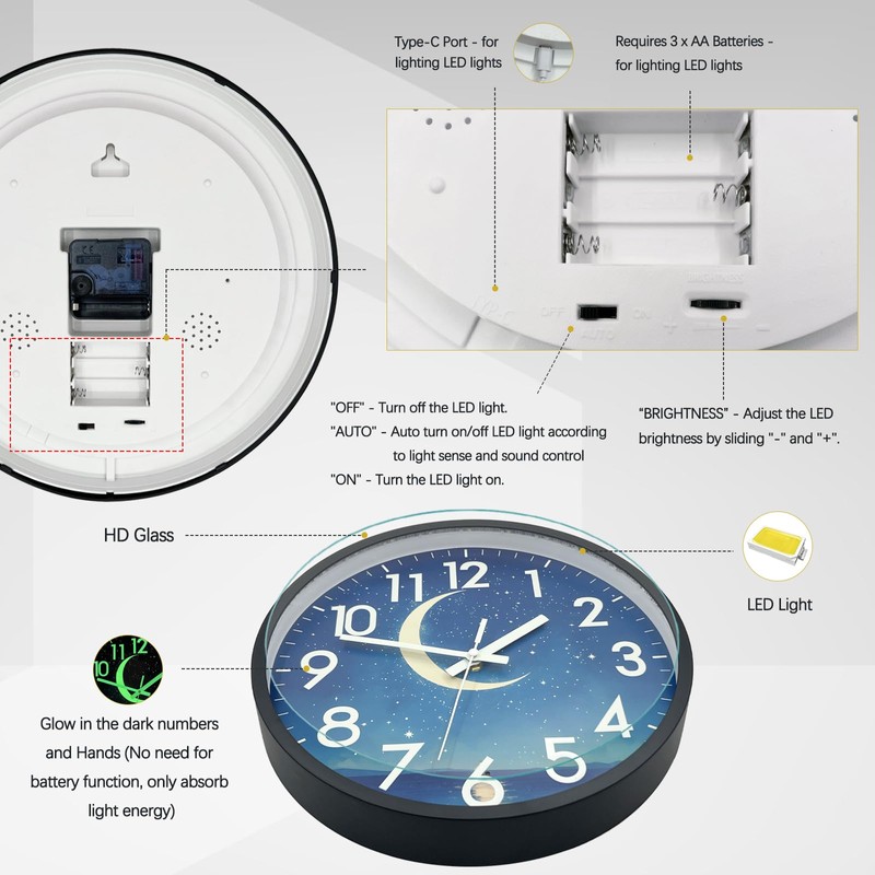 JoFomp Glow in The Dark Wall Clocks Battery Operated, 12