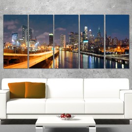 Designart Philadelphia Skyline at Night-Cityscape Canvas print-60x28 5 Piece-PT10072-401, 60 x 28 in-5 Equal Panels