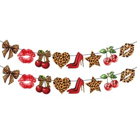 Cherry Cheetah Print Banner - 2 Pcs Red Leopard Print Garland, Birthday Backdrop, Girls Cherry Theme Party Decor, Bachelorette Animal Print Party Sign