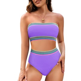 Pink Queen Strapless Swimsuits Women Modest Color Block Bandeau Bikini Set Removable Strap Bathing Suit Purple L