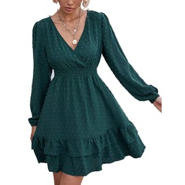 Vangreynve Women's Mini Dress, V-Neck, A-Line Dresses, Elegant High Waist, Long Sleeve Casual Dress, Long Sleeve-Green