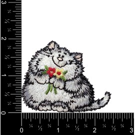 Wholesale Applique Gray Kitty Cat with Red & Yellow Flowers, Pets, Embroidered, Iron on Patch