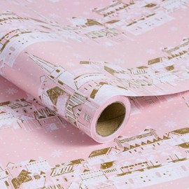 LeZakaa Christmas Wrapping Paper Roll - Pink & Golden City Snow Scenery for Christmas Holiday, Party - 17 inches x 32.8 Feet (46.45 sq.ft.)