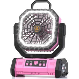 Honesorn 20000mAh Battery Operated Fan with LED Light & Remote, Pink | Up to 60H Runtime, 11-Inch, 45°/90°Oscillating, Hanging Hook, 4 Speeds, 8H Timer,