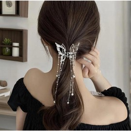 Ypkia Pack of 2 Butterfly Hair Clips Medium with Beads Tassel Metal Hair Clips Women Girls Elegant Hair Accessory