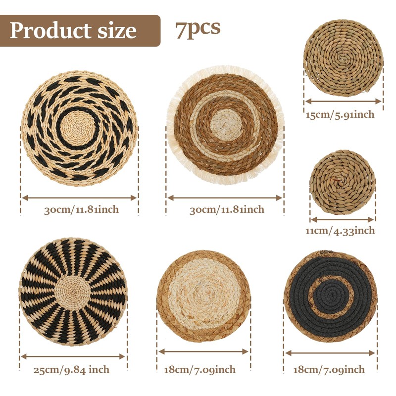 7 Pieces Wall Baskets Bohemian Handmade Wall Decor Rattan Wall