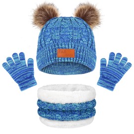 TAGVO 3pcs Winter Hat Scarf Gloves Set for Children with Thick Fleece Lined Thermal Knitted Hat Beanie Tube Scarf Winter Gloves Set for 1-5 Years Children Toddlers Boys Girls, blue