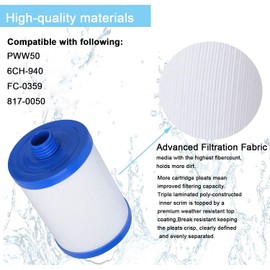 PWW50P3 Filter for Compatible with Pleatco Spa Hot Tub, PWW50P3 (1 1/2" Coarse Thread) Spa Filter Compatible with Unicel 6CH-940 Filbur FC-0359 Waterways 817-0050 Front Access Skimmer Aber Hot Tubs