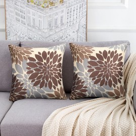 Cushion Covers 45 x 45 cm Sofa Cushion Cover Grey and Brown Modern Linen Cushion Cover Set of 2 Dahlia Geometric Floral Square Abstract Decorative Cushion Cover for Sofa Living Room Christmas