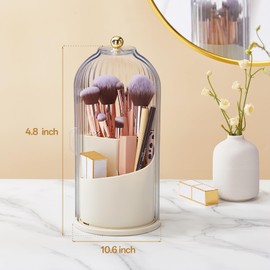 STORICANS Makeup Brush Holder Rotating Organiser with Clear Lid，Sliding Opening Dustproof Makeup Brush Case Makeup Organizer Storage for Dressing Table Organiser,Vanity,White Black