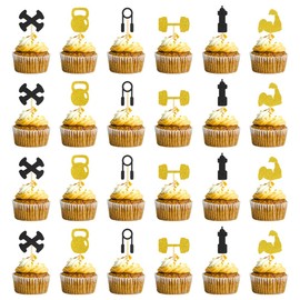 GYM Cupcake Topper, Fitness Theme Cupcake Topper, Black Gold Glitter Kettlebells, Barbells Dumbbells Workout Cupcake Topper for Fitness Theme Party