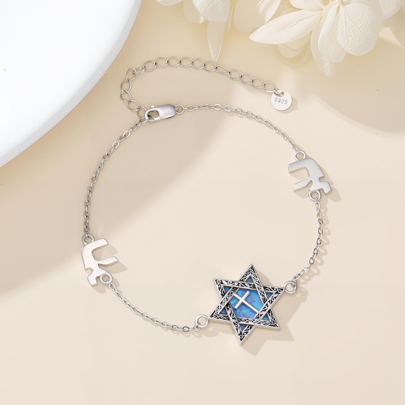 TRISHULA Star of David Cross Bracelet Sterling Silver Opal Adjustable